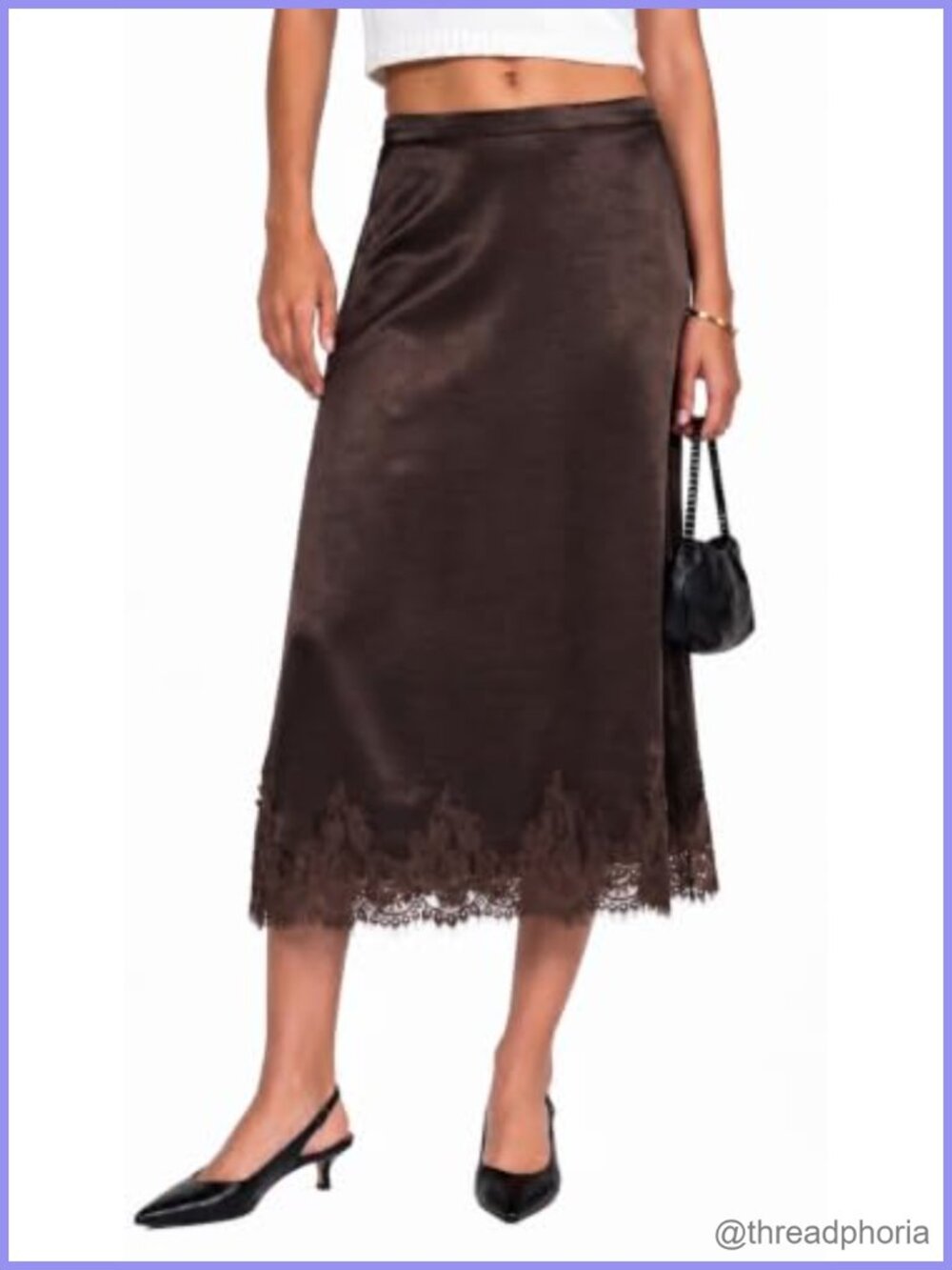 Satin Lace Trim Midi Skirt Elastic Waist A-Line